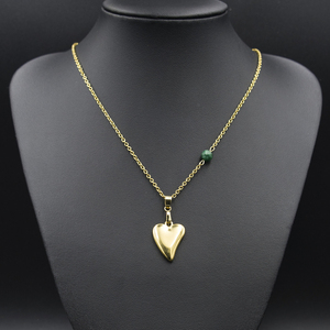 Κολιέ με καρδιά και Σμαράγδι, επίχρυσο ατσάλι, μήκος 48 + 5,5 cm - ημιπολύτιμες πέτρες, επιχρυσωμένα, χρυσό, καρδιά, ατσάλι - 2