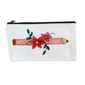 Υφασμάτινη κασετίνα/νεσεσέρ για την δασκάλα ζωγραφισμένη στο χερι με θέμα μολύβι - ύφασμα, καλλυντικών, προσωποποιημένα