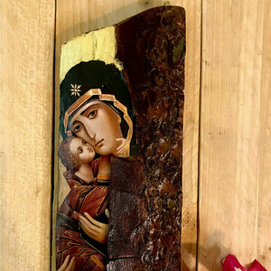 Παναγία Γλυκοφιλούσα Χειροποίητη Εικόνα Σε Κορμό 9x28cm - πίνακες & κάδρα, πίνακες ζωγραφικής - 3