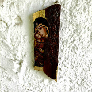 Παναγία Γλυκοφιλούσα Χειροποίητη Εικόνα Σε Κορμό 9x28cm - πίνακες & κάδρα, πίνακες ζωγραφικής - 5