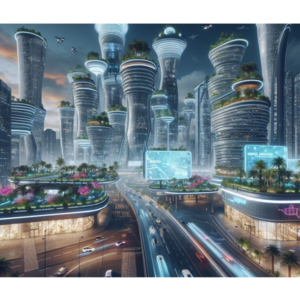 Art Print ''Μελλοντική πόλη τη νύχτα''Μια φουτουριστική φωτογραφία της πόλης του 3000 - αφίσες
