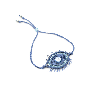 Βραχιόλι Μάτι Denim με Γαλάζιο χρώμα, μακραμέ - ρητίνη, κορδόνια, μάτι, χεριού, αυξομειούμενα