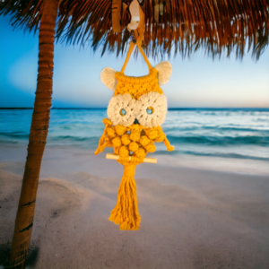 Κουκουβάγια macrame κίτρινη - μακραμέ, boho, διακοσμητικά - 2