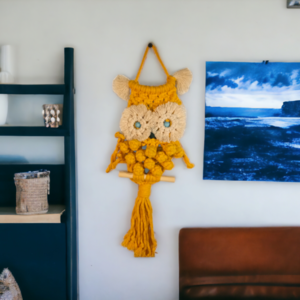 Κουκουβάγια macrame κίτρινη - μακραμέ, boho, διακοσμητικά - 3