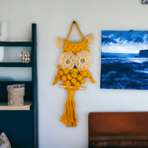 Κουκουβάγια macrame κίτρινη - μακραμέ, boho, διακοσμητικά, homedecor - 3