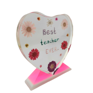 "Best Teacher" - υγρό γυαλί με αποξηραμένα λουλούδια - καρδιά, ρητίνη, διακοσμητικά - 2