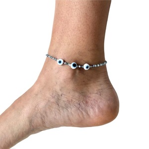 Βραχιόλι anklet γυάλινες χάντρες ματάκια - γυαλί, μάτι, χάντρες, ατσάλι, ποδιού - 2