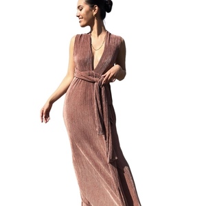 Φόρεμα πλισέ dusty pink maxi - συνθετικό