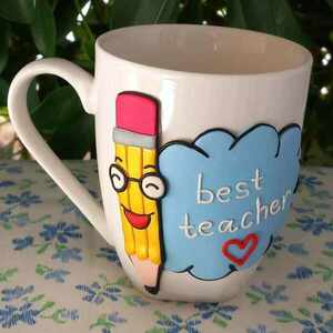 Δώρο για την δασκάλα κούπα με μολύβι από πολυμερικό πηλό (ύψος 10,5 εκ, 360 ml) - πηλός, κούπες & φλυτζάνια, για δασκάλους, η καλύτερη δασκάλα - 2