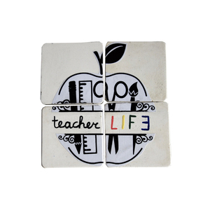 4 Μαγνητάκια Τετράγωνα Από Τσιμέντο "teacher LIFE" - τσιμέντο, σετ δώρου, μαγνητάκια ψυγείου