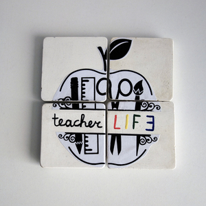 4 Μαγνητάκια Τετράγωνα Από Τσιμέντο "teacher LIFE" - τσιμέντο, σετ δώρου, μαγνητάκια ψυγείου - 4