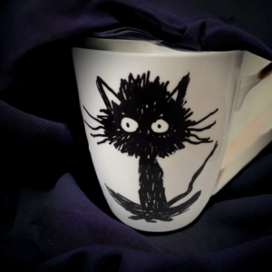 Κούπα πορσελάνης λευκή με χειροποίητο σχέδιο "μαύρη γάτα" - χειροποίητα, πορσελάνη, κούπες & φλυτζάνια - 2