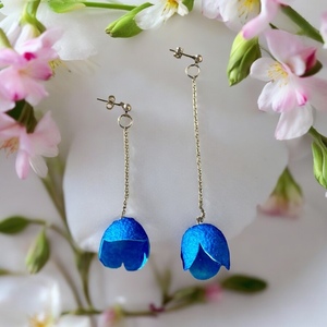 Κρεμαστά σκουλαρίκια με μπλε μεταξωτά κουκούλια λουλούδι - λουλούδι, μικρά, ατσάλι, boho - 2