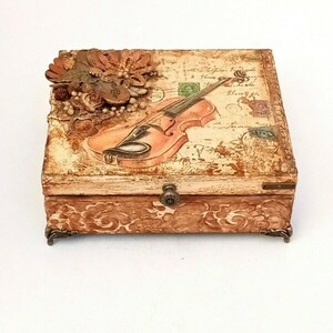Χειροποίητο κουτί vintage με θέμα βιολί 9x20x17 - ξύλο, κουτί, οργάνωση & αποθήκευση