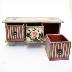Χειροποίητο κουτί με 3 συρταράκια και τριαντάφυλλα 14x30x10 - ξύλο, κουτί, οργάνωση & αποθήκευση - 5