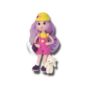 Πλεκτή κούκλα με βαμβακερά νήματα 30 εκ με μωβ μαλλιά - κορίτσι, λούτρινα