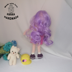 Πλεκτή κούκλα με βαμβακερά νήματα 30 εκ με μωβ μαλλιά - κορίτσι, λούτρινα - 5