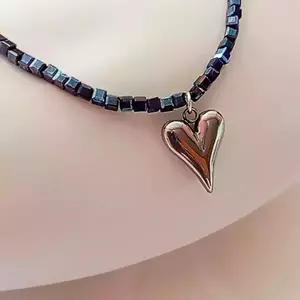 Κολιέ από Γυάλινες Πέτρες "Heart of Glass" - γυαλί, καρδιά, επάργυρα, ατσάλι - 2