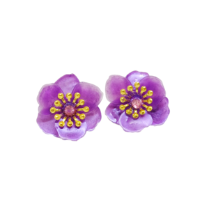 Σκουλαρίκια λουλούδι απο υγρό γυαλί σε μωβ χρώμα καρφωτά - γυαλί, λουλούδι