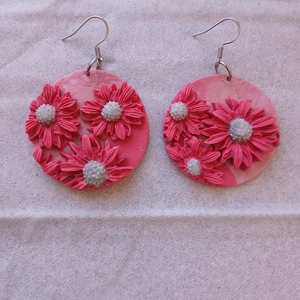 Κρεμαστά σκουλαρίκια με ροζ λουλούδια από πολυμερικό πηλό - πηλός, λουλούδι, μεγάλα, γάντζος, φθηνά