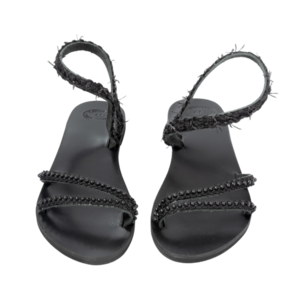 Χειροποίητα γυναικεία δερμάτινα σανδάλια μαύρα με πέρλες - δέρμα, μαύρα, φλατ, ankle strap - 2