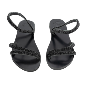 Χειροποίητα γυναικεία δερμάτινα σανδάλια μαύρα με χάντρες - δέρμα, μαύρα, φλατ, ankle strap - 2