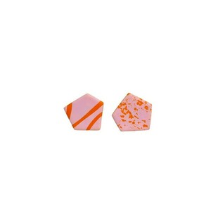 Ftery Pink & Orange Organic Polygonal Earrings Χειροποίητα Πολυγωνικά Καρφωτά Σκουλαρίκια Πολυμερικού Πηλού Πορτοκαλί & Ροζ - πηλός, ατσάλι, μεγάλα