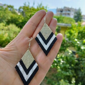 Ατσάλινα σκουλαρίκια ρομβος, μαύρο, ασημί, άσπρο - γυαλί, μακριά, ατσάλι, μεγάλα, γάντζος - 5