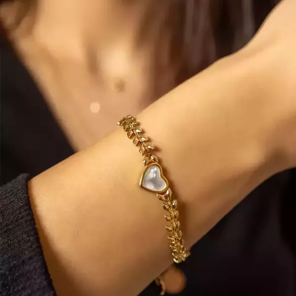 Βραχιόλι 14K επιχρυσωμένο με σχέδιο καρδιά μαργαριτάρι - επιχρυσωμένα, καρδιά, ατσάλι, χεριού - 2