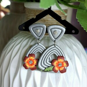 Polymer Clay Earrings, Flower Earrings - πηλός, λουλούδι, ατσάλι, καρφάκι - 2