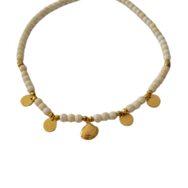 White Chaolite - ημιπολύτιμες πέτρες, κοχύλι, κοντά, ατσάλι, φλουριά