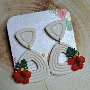Hibiscus Earrings 2 - πηλός, λουλούδι, ατσάλι - 2