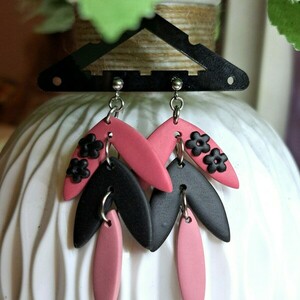 Polymer clay dangle earrings 4 - δάκρυ, πηλός, λουλούδι - 3