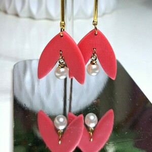 Tulip Earrings 1, Polymer Clay Earrings - πηλός, λουλούδι, καρφάκι - 2