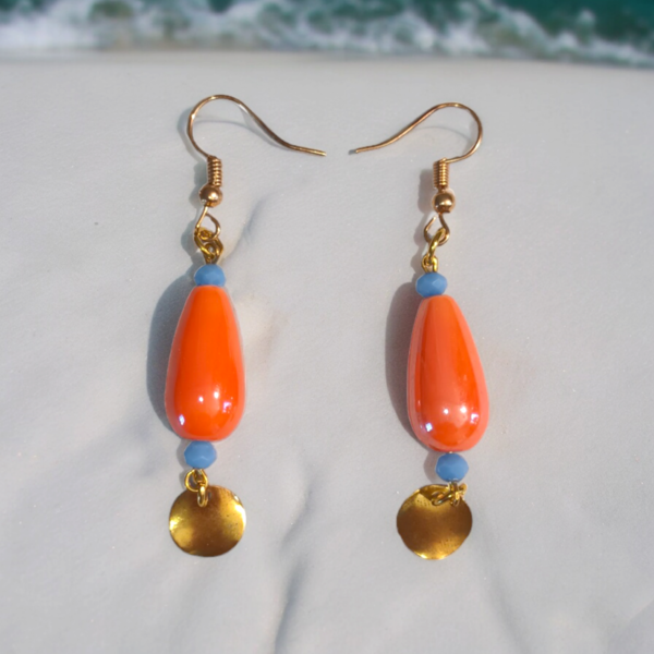 Elegance earrings orange - επιχρυσωμένα, χάντρες, μακριά, ατσάλι, γάντζος - 3