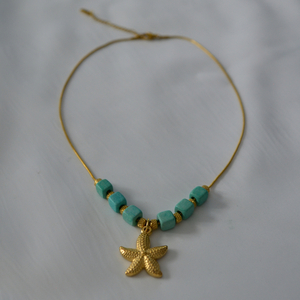 Gold Starfish - αστέρι, κοντά, ατσάλι, μπλε χάντρα - 3