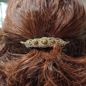 Macrame μπαρέτα μαλλιών με Μάτι Τίγρη. - νήμα, μέταλλο, hair clips - 2