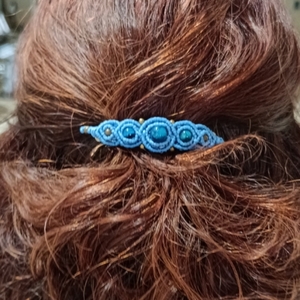 Macrame μπαρέτα με μπλε Μάτι τίγρη - νήμα, μέταλλο, hair clips - 3