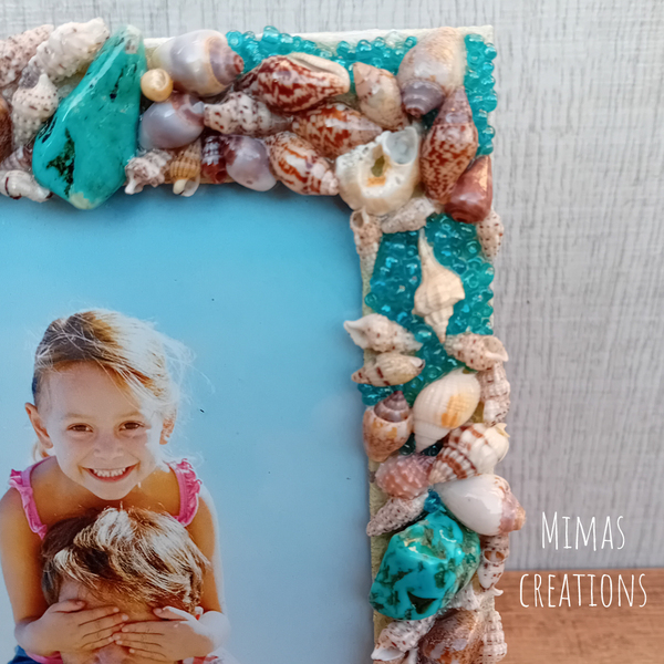 Κοχύλια & ημιπολύτιμοι λίθοι turquoise - πέτρα, mdf, ρητίνη, κορνίζες - 3