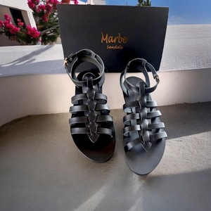 Gladiator Greek Leather Tailor Made Sandal : Nefertiti - δέρμα, μαύρα, gladiator, φλατ
