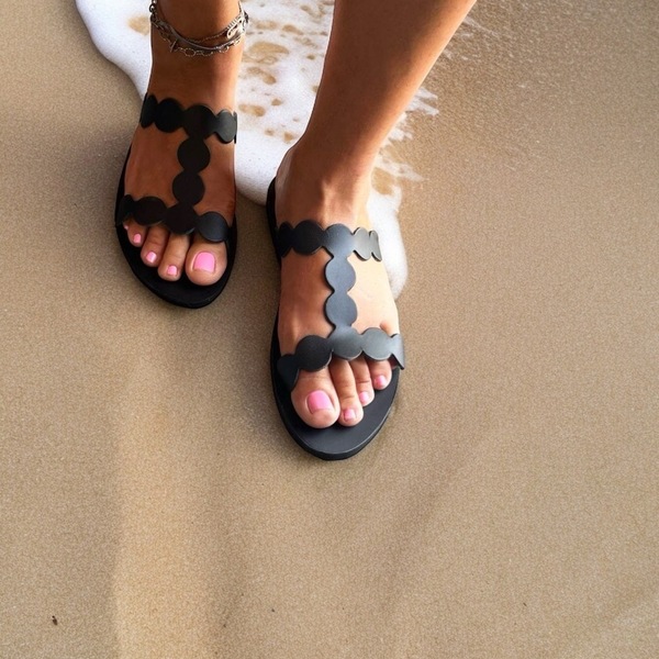 A Slide Circle Pattern handmade Flat Sandal : Arria - δέρμα, μαύρα, φλατ, slides - 2