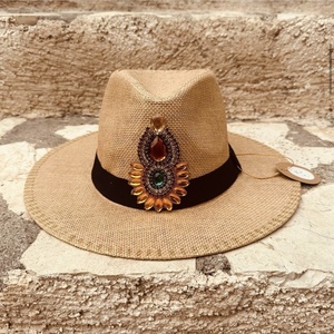 Καπέλο απάνεμα ταμπά - Orange motif - απαραίτητα καλοκαιρινά αξεσουάρ, ψάθινα