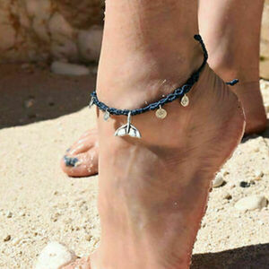 Anklet - Βραχιόλι ποδιού με μεταλλικό στοιχείο ουρά φάλαινας και φλουριά (ασημί) σε μπλε σκούρο χρώμα - νήμα, μακραμέ, boho, φλουριά, ποδιού - 2