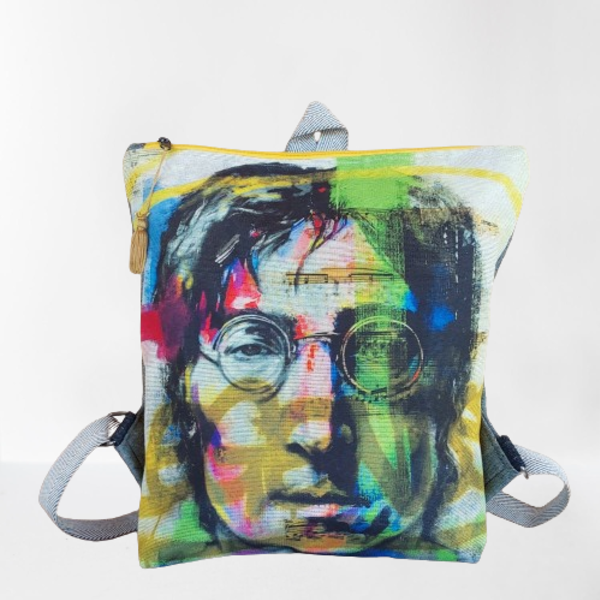 Τσάντα πλάτης χειροποίητο backpack απο ύφασμα με τον Τζον Λένον - ύφασμα, πλάτης, σακίδια πλάτης, μεγάλες, all day