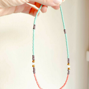 Choker style|Beaded Necklace| Mint , Coral Pink, Purple| Purple Agate - ημιπολύτιμες πέτρες, γυαλί - 2