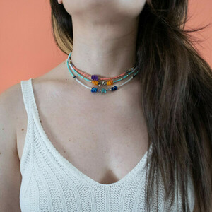 Choker style|Beaded Necklace| Mint , Coral Pink, Purple| Purple Agate - ημιπολύτιμες πέτρες, γυαλί - 3