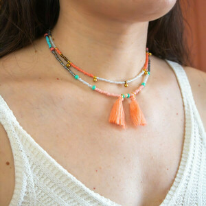 Tassel Necklace|Beaded Necklace| Light Coral| - ημιπολύτιμες πέτρες, γυαλί - 2