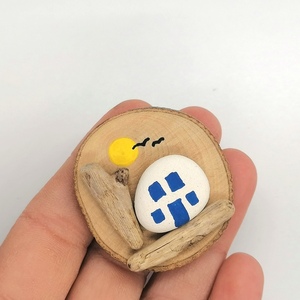 Μαγνητάκι ξύλινο, χειροποίητο, σπιτάκι νησιώτικο, 4x4 εκ. - ξύλο, χειροποίητα, μαγνητάκια ψυγείου - 2