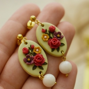 Hartfield Radiance Earrings | Φλοράλ Σκουλαρίκια Κρεμαστά με Φούξια Τριαντάφυλλα (Ατσάλι, Πολυμερικός Πηλός) (5εκ.) - επιχρυσωμένα, μακριά, λουλούδι, ατσάλι, κρεμαστά - 3