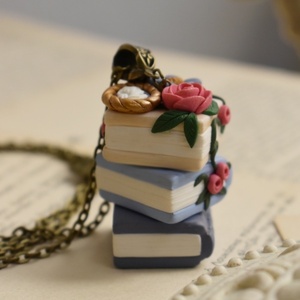 Emma's Bookstack Necklace | Μακρύ Κολιέ με Χειροποίητη Φλοράλ Σύνθεση σε Βιβλία (Πολυμερικός Πηλός, Μπρούντζος) (72εκ. + 5εκ.) - πηλός, μακριά, μπρούντζος, μεγάλα - 3